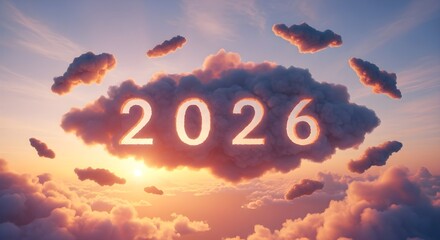 The year 2026 is glowing in the center of a cloud formation with a sunset, symbolizing a bright future