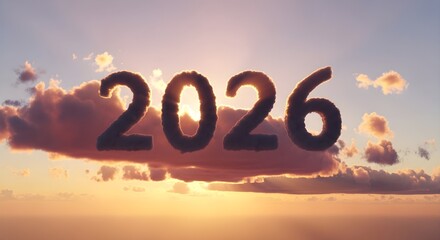 The year 2026 is displayed in the sky with clouds and a bright sun, symbolizing a hopeful future