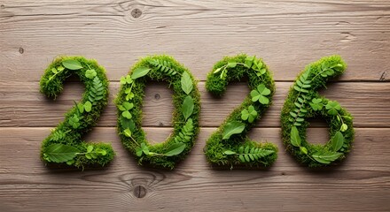 The year 2026 is spelled out in green moss and clovers on a wooden surface, representing nature and growth