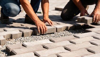 Medium shot of artisans arranging interlocking pavers demonstrating precise placement in a permeable pavement pattern for effective drainage.