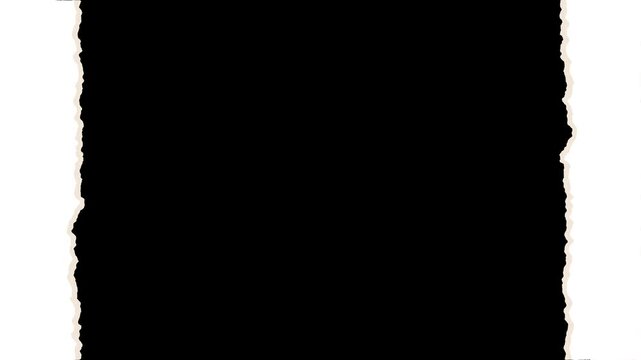 White torn paper edge transition animation with rolling effect open and close moving vertical make side frame on black background and green screen. 4K ripped paper animated for transitions and frame.