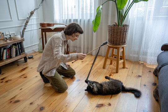Female pet caretaker playing with cat on floor at home. Woman stimulating hunter instincts with pole toy, fun with kitten, joyful activity, domestic feline and pet sitter fun, behavior encouragement