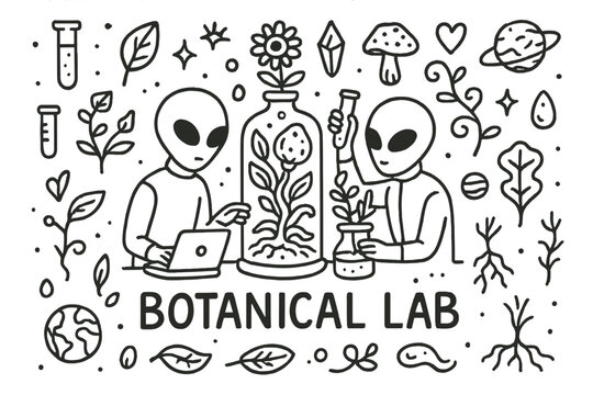Alien Botanical Lab. Alien botanical lab. Hand-drawn doodle illustration of alien botanical lab. In the middle