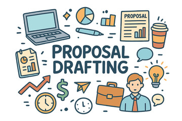 Proposal Drafting Doodle. Proposal Drafting. Hand-drawn doodle illustration of proposal drafting. Laptop,