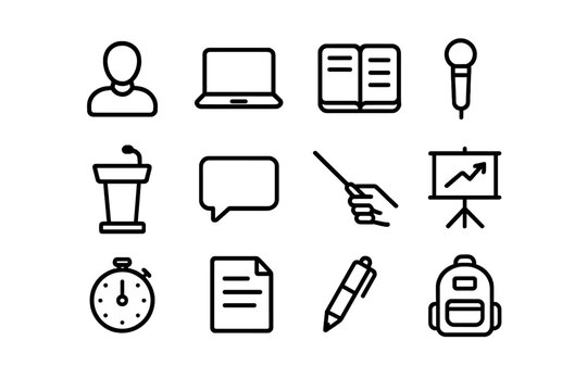 Presentation Icon Set. Presentation practice. Line outline icon set of presentation practice: student, laptop,