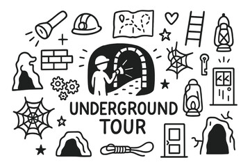 Fototapeta premium Exploring Abandoned Tunnels. Underground tourism and abandoned places. Hand-drawn doodle illustration of