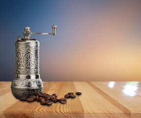 Old metal bowl with aroma coffee beens