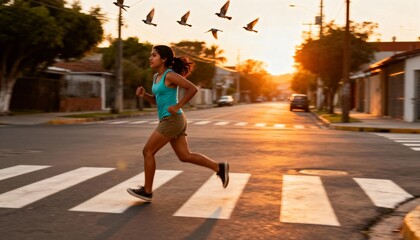 Determined woman running on a city street crosswalk at sunset. Young female athlete exercising outdoors during golden hour. Healthy lifestyle and fitness concept