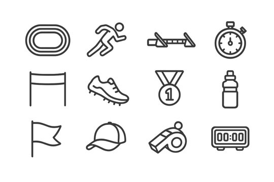 Track and Field Icons. Track and field. Line outline icon set of track and field: track, runner, starting
