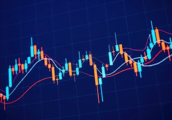Candlestick chart showing stock market data with uptrend and downtrend, indicating financial analysis and investment strategy on blue background