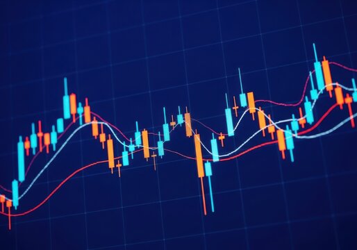 Candlestick chart showing stock market data with uptrend and downtrend, indicating financial analysis and investment strategy on blue background - Powered by Adobe