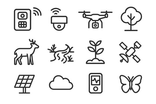 Wildlife Monitoring Icons. Wildlife monitoring. Line outline icon set of wildlife monitoring: camera trap,