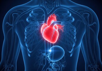 Human heart anatomy illustration with glowing red heart, showing the cardiovascular system and blood circulation, medical concept for health and science