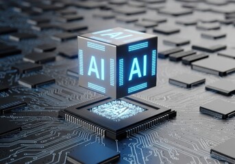 Futuristic artificial intelligence cube hovering over a microchip on a circuit board, symbolizing the power of ai in modern technology
