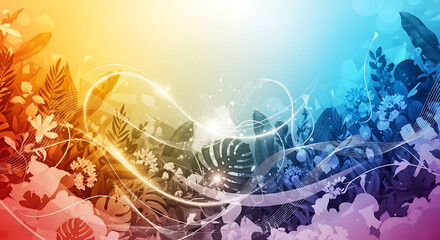 Abstract floral and leaf silhouettes on a colorful gradient background with luminous energy lines and sparkling effects for a modern design