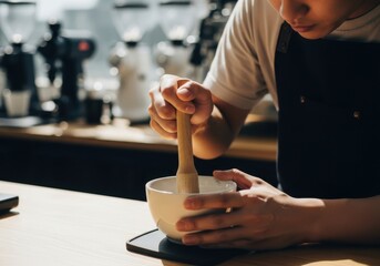 Closeup of barista using bamboo whisk to prepare matcha tea in a bowl at coffee shop in daytime