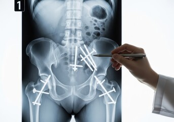 Doctor pointing at an xray of a pelvis with metal implants, showing the result of a surgical procedure isolated on white background