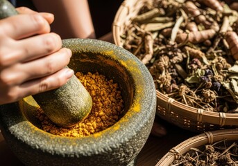 Closeup of a hand grinding turmeric in a mortar and pestle with other herbs and spices, concept of alternative medicine and natural remedies