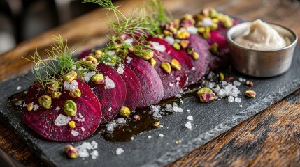 Gourmet beetroot carpaccio with crushed pistachios and sea salt on dark slate board, served with creamy sauce at premium restaurant fine dining setting