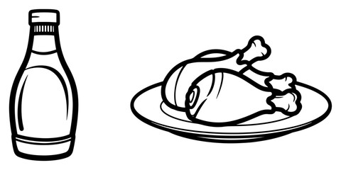 Ketchup bottle and fried chicken drumsticks – fast food icon set