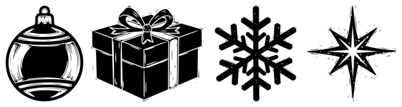 Christmas icon pack &ndash; bauble, present, snowflake and star ink sketch set