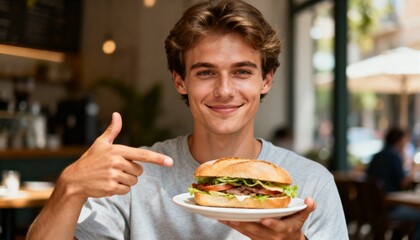 Happy young man pointing at a delicious sandwich on a plate. Customer enjoying a fresh meal for lunch in a cafe