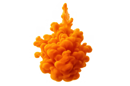 Orange ink creating an abstract dissolving cloud shape in liquid, isolated on transparent background