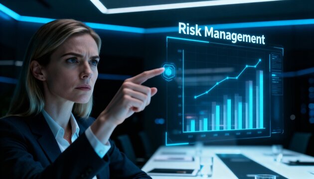 A professional businesswoman analyzes a risk management chart on a futuristic holographic screen. Corporate executive working with virtual data analytics in a modern office.
