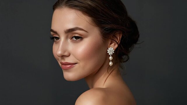 Elegant Woman's Profile Portrait with Dazzling Pearl Drop Earrings, Soft Gaze on Dark Background