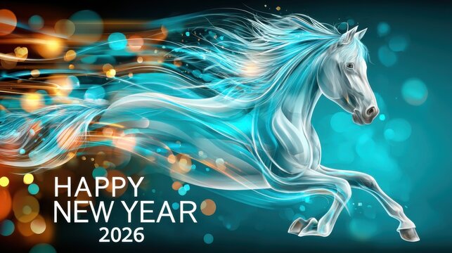 Futuristic glowing white horse with flowing neon mane and Happy New Year 2026 text. Dynamic abstract digital art symbolizing energy, speed, and new beginnings with blue and orange bokeh background - Powered by Adobe