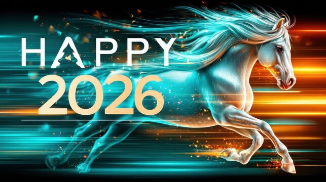 Dynamic futuristic white horse with glowing blue and orange light trails, Happy 2026 text. Abstract digital artwork symbolizing energy, power, innovation, forward motion in a modern celebration style - Powered by Adobe