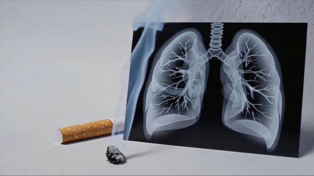 Effects of smoking on lung health shown through an x-ray image alongside a cigarette