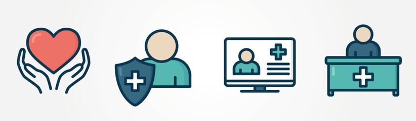 Healthcare icon set. Heart protection, online health portal and medical administration symbols. Isolated vector color image. Hand drawn original illustrations.