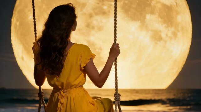 Woman on swing overlooking the ocean at night with a large yellow moon in the background