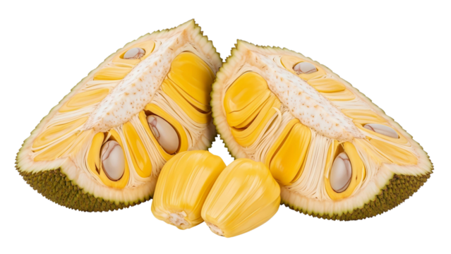 A freshly sliced ripe jackfruit showing its golden yellow sweet pods and seeds isolated on a transparent background