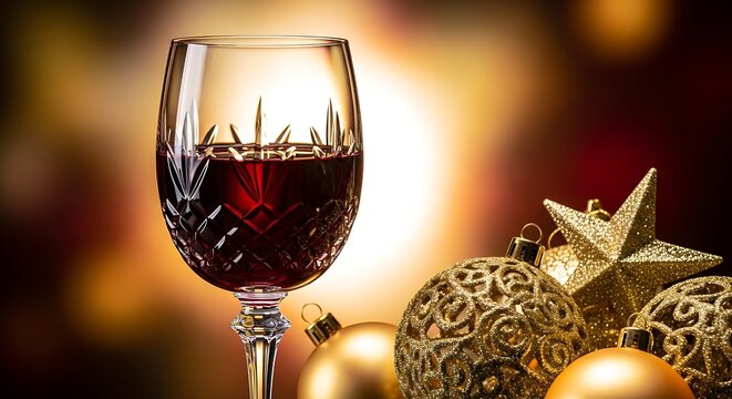 Christmas celebration with a crystal wine glass and festive decorations, perfect for holiday gatherings and special occasions