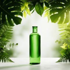 Green glass bottle surrounded by lush foliage