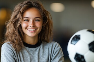 Young athlete smiles confidently while holding a soccer ball in a training facility