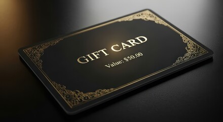 Luxurious black and gold gift card displaying $50 value on elegant surface
