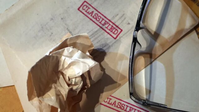 An old  sensitive documents and secret information with the stamp CLASSIFIED dolly shot