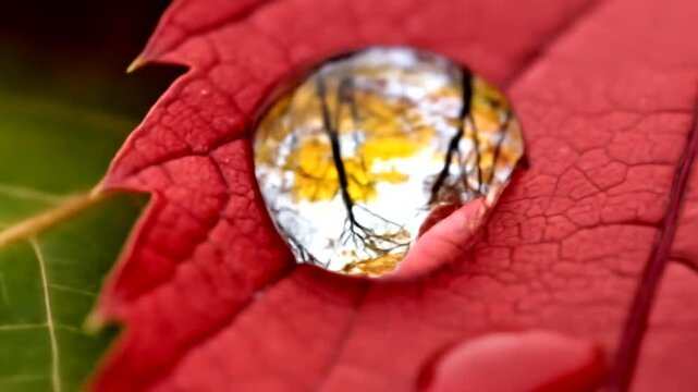 Close-up of a water droplet on a vibrant red leaf showcasing reflections of nature
