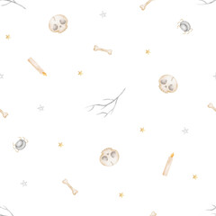 Pattern of flying spiders, skull, bones, candles. Watercolor illustration hand-drawn in childish Halloween style. Seamless print isolated from the background for textiles, fabrics, clothing, wallpaper
