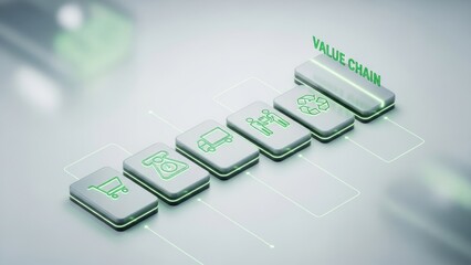 A row of small white rectangular objects with green text lined up diagonally on a light surface