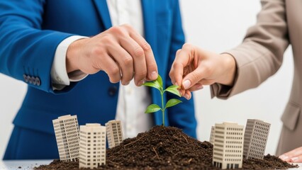 Business partners planting a seedling in soil surrounded by miniature buildings symbolizing growth and investment