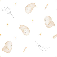 Halloween pattern ghosts flying among candles, branches, stars. Hand-drawn watercolor illustration in childish style. Seamless print isolated from background for textiles, fabrics, clothing, wallpaper