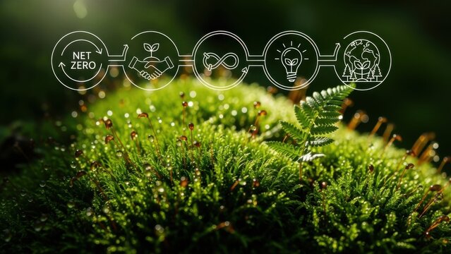 Abstract digital art overlaying a vibrant green mossy mound with a fern frond