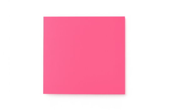 Square pink sticky note with a subtle corner curl, ideal for jotting down notes, tasks, or reminders. Features a clear background