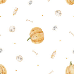 Pattern of chaotic flying pumpkins, spiders, skulls, bones, candles. Hand-drawn watercolor illustration in childish Halloween style. Seamless print isolated background for textiles, fabrics, clothing
