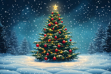 A beautiful Christmas tree decorated with ornaments and lights shines in the snow under a starry sky. A warm and festive holiday atmosphere