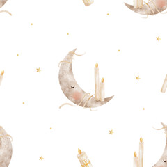 Moon crescent with candles pattern. Watercolor illustration hand-drawn in a childish Halloween style. Seamless print isolated from background for textiles, fabrics, clothing, wallpaper, packaging.